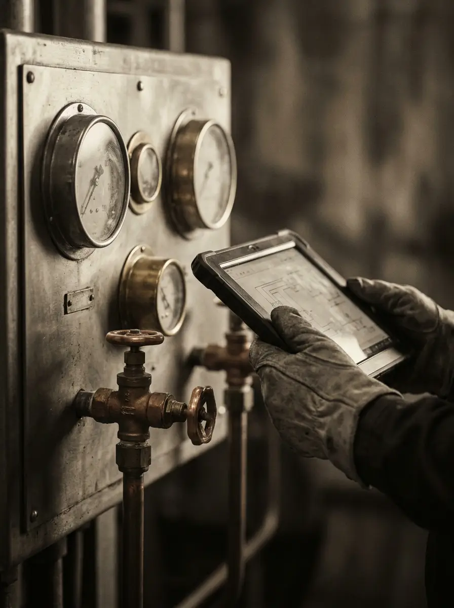 An engineer's hands holding a tablet beside a mechanical control panel with gauges and valves during commissioning.
