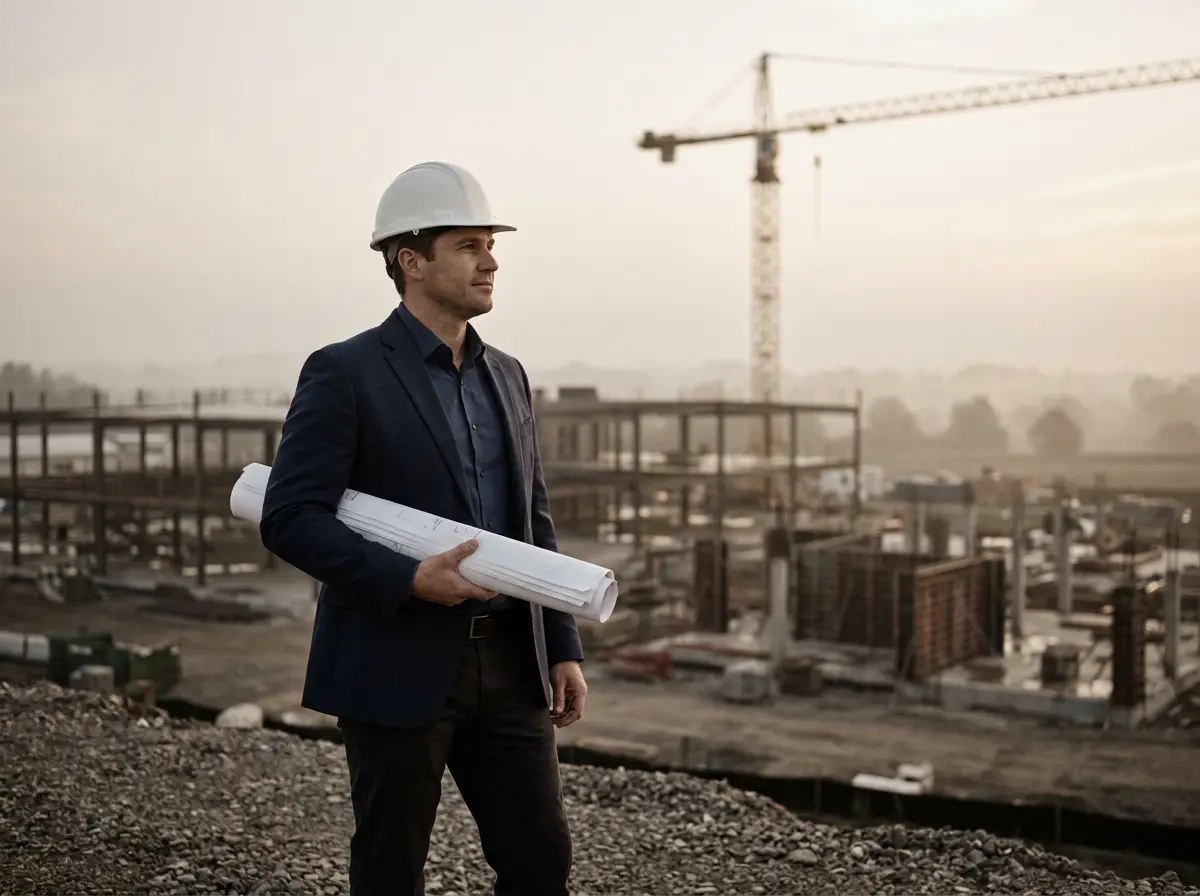 An owner's representative in a hard hat holding rolled drawings, overlooking a large construction site with a tower crane at first light.