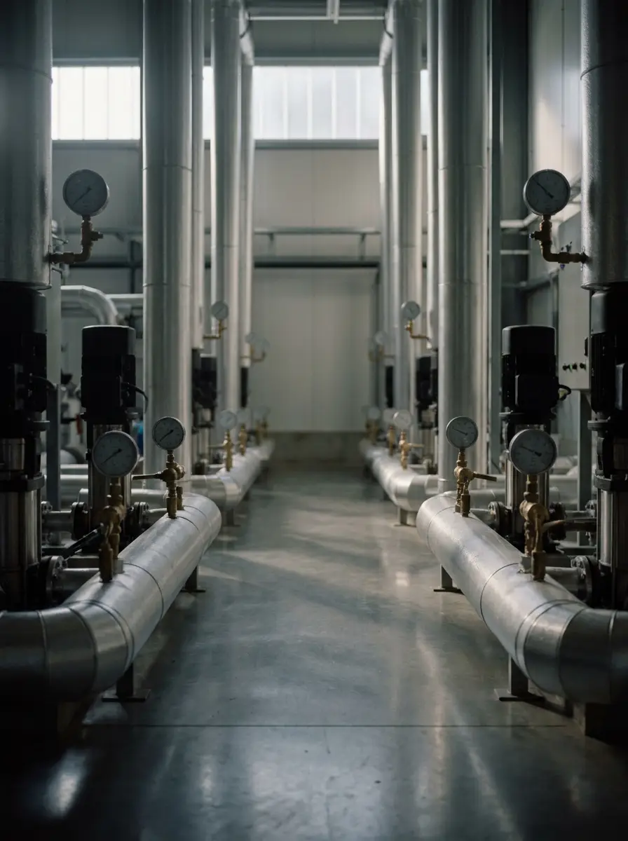 An industrial mechanical plant room with rows of insulated pipes, pumps and pressure gauges.