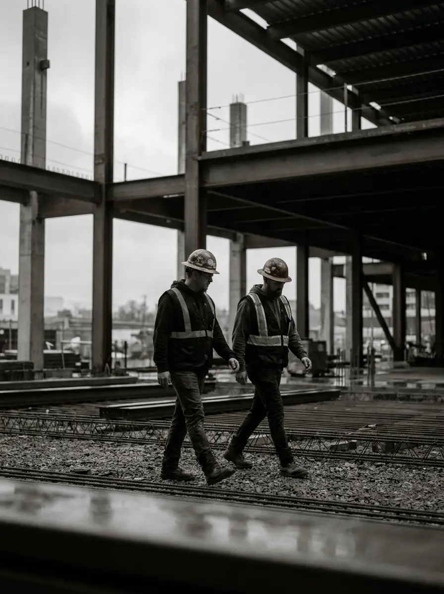 Two engineers in hard hats and high-visibility vests walking through a steel-framed construction site.